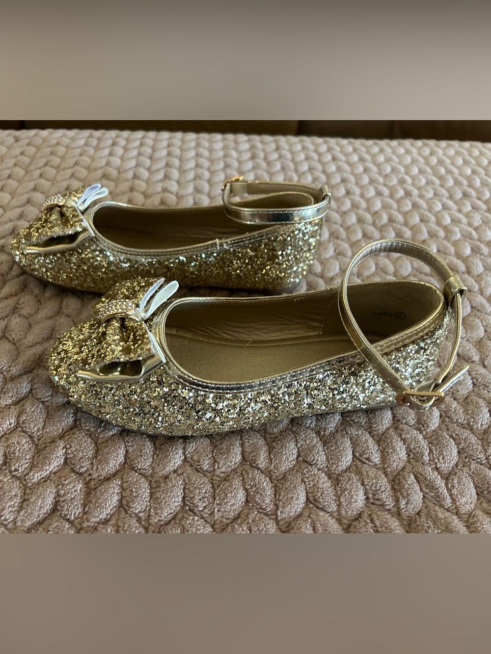 Panda Ninjia Bow Champagne Glitter SHOES Flats girls size 1 Ankle strap Ballet